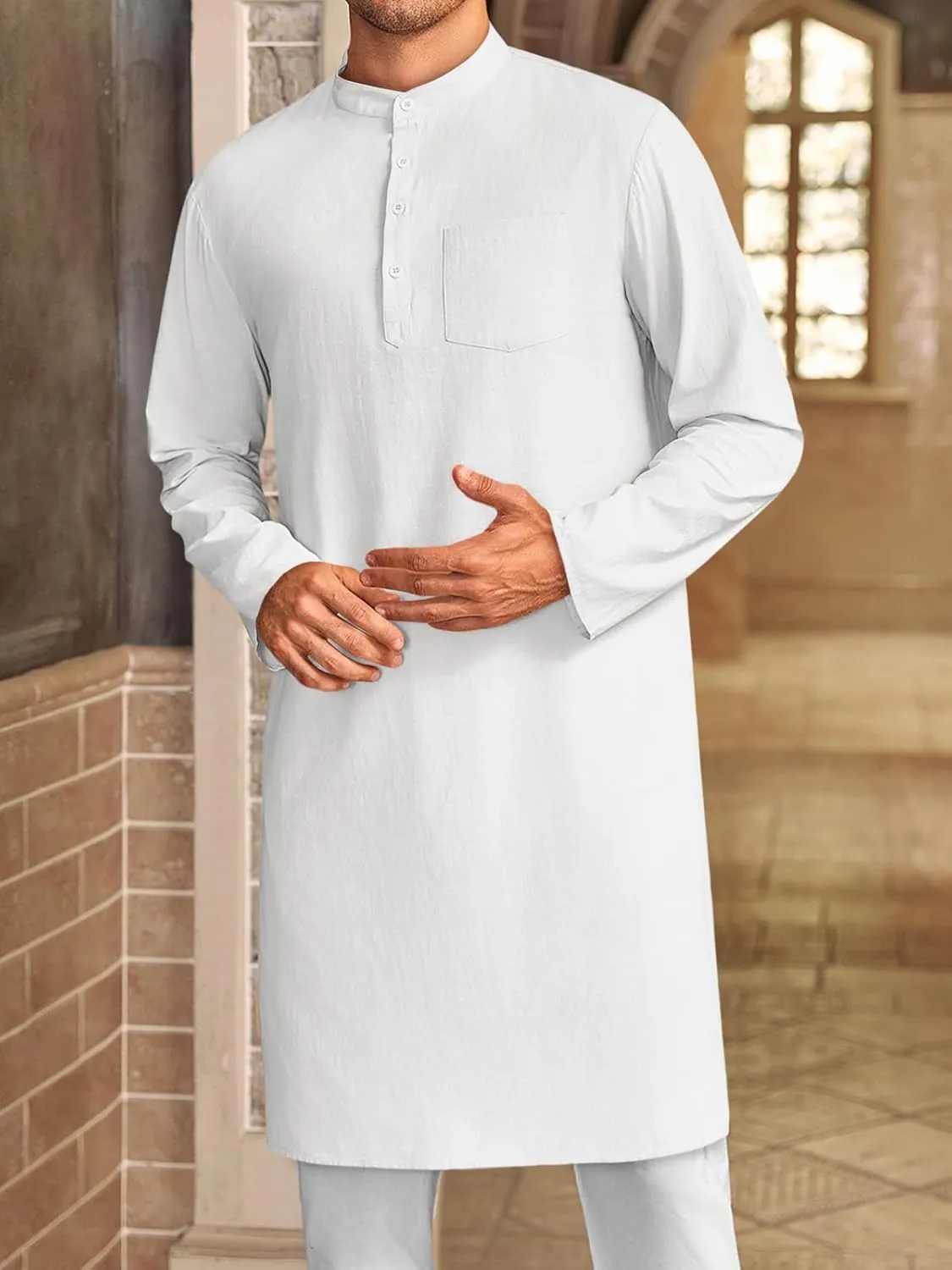 Gafeng Mens Kaftan Robe Button Down Long Sleeve Henley Cotton Thobe Casual Side Split Gown Shirt