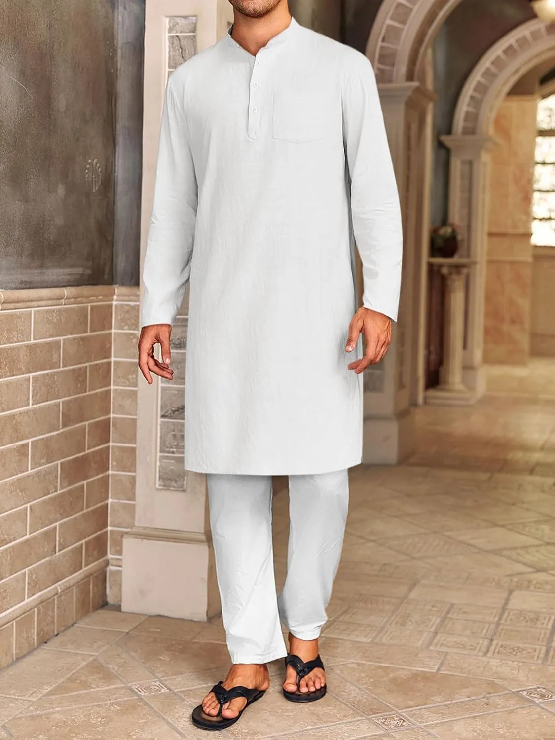 Gafeng Mens Kaftan Robe Button Down Long Sleeve Henley Cotton Thobe Casual Side Split Gown Shirt