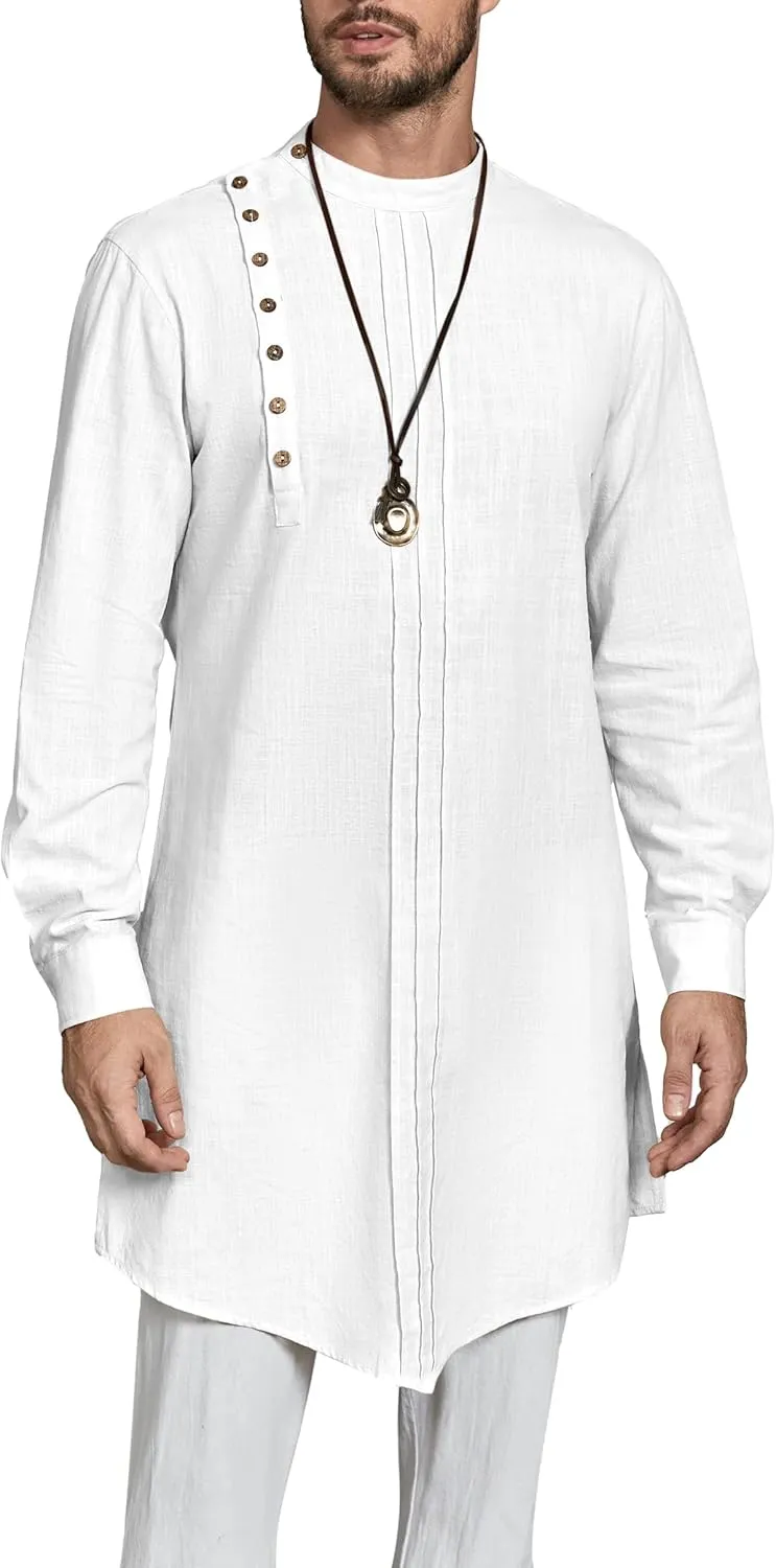 Gafeng Mens Kaftan Thobe Long Sleeve Robe Gown Casual Cotton Linen Button Muslim Shirt
