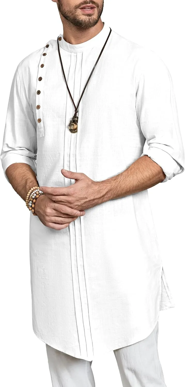 Gafeng Mens Kaftan Thobe Long Sleeve Robe Gown Casual Cotton Linen Button Muslim Shirt