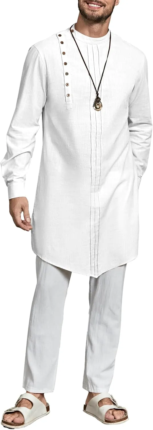 Gafeng Mens Kaftan Thobe Long Sleeve Robe Gown Casual Cotton Linen Button Muslim Shirt