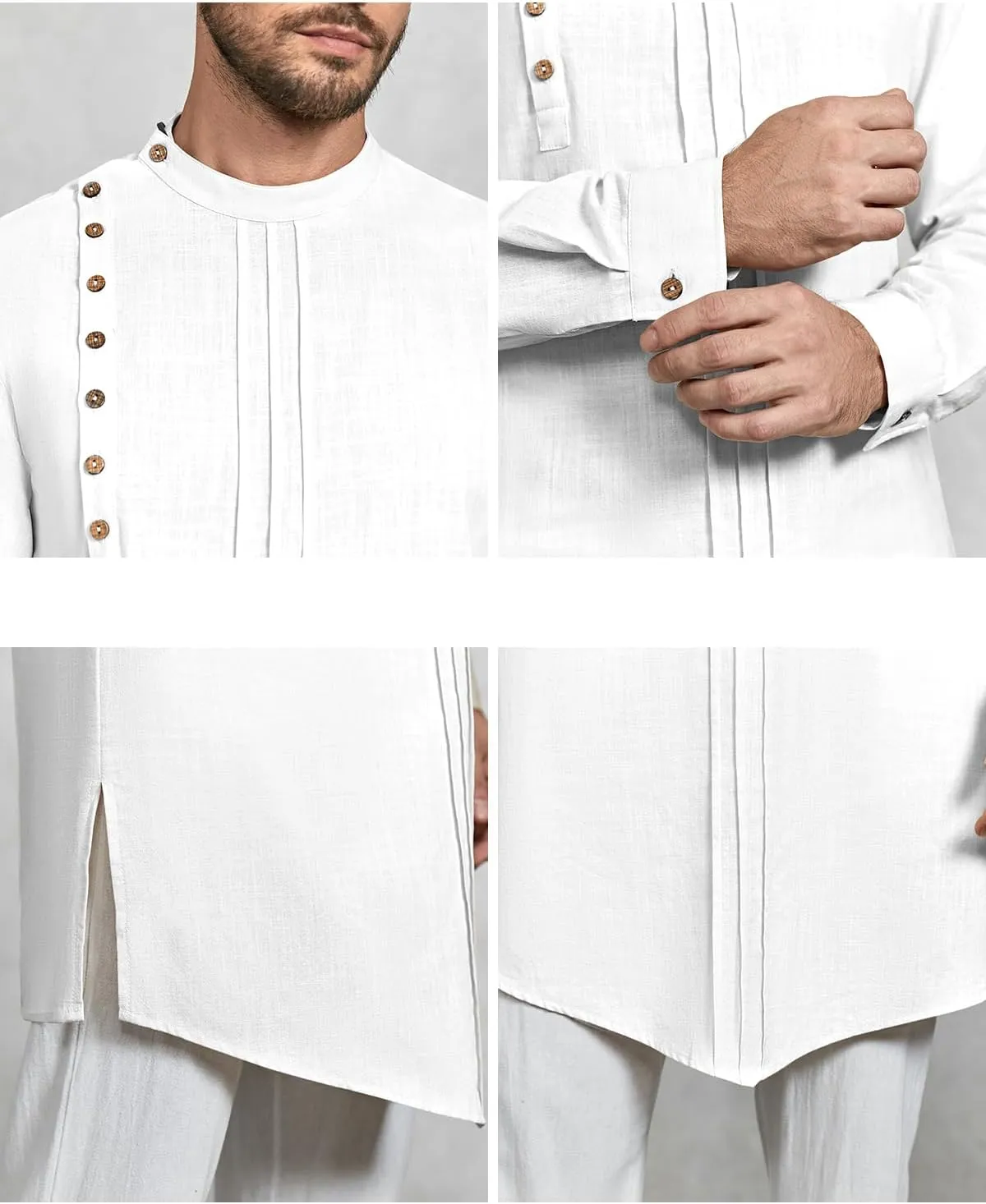 Gafeng Mens Kaftan Thobe Long Sleeve Robe Gown Casual Cotton Linen Button Muslim Shirt