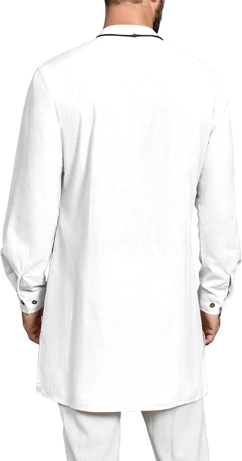 Gafeng Mens Kaftan Thobe Long Sleeve Robe Gown Casual Cotton Linen Button Muslim Shirt