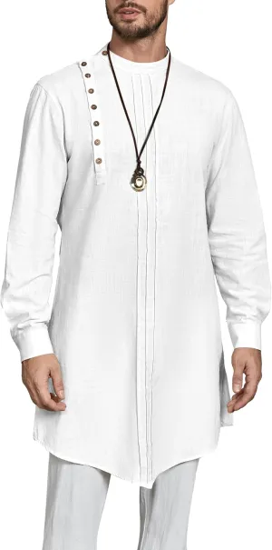 Gafeng Mens Kaftan Thobe Long Sleeve Robe Gown Casual Cotton Linen Button Muslim Shirt