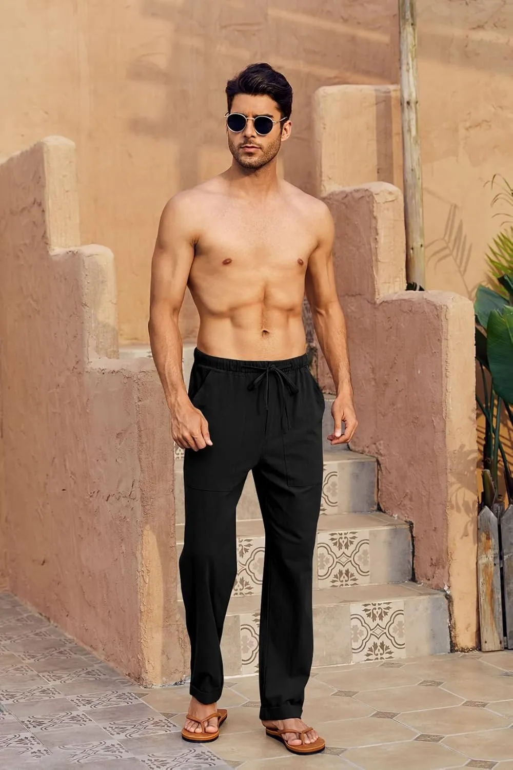 Gafeng Mens Linen Pants Yoga Beach Loose Fit Casual Summer Elastic Waist Drawstring Baggy Trousers with Pockets
