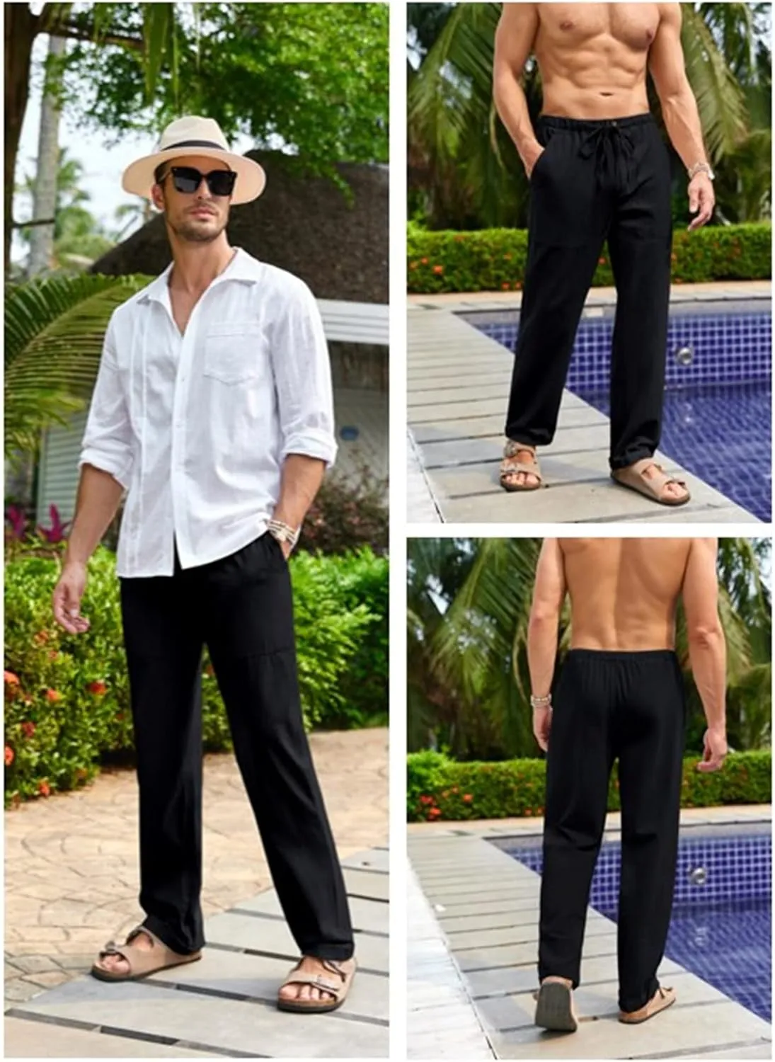 Gafeng Mens Linen Pants Yoga Beach Loose Fit Casual Summer Elastic Waist Drawstring Baggy Trousers with Pockets