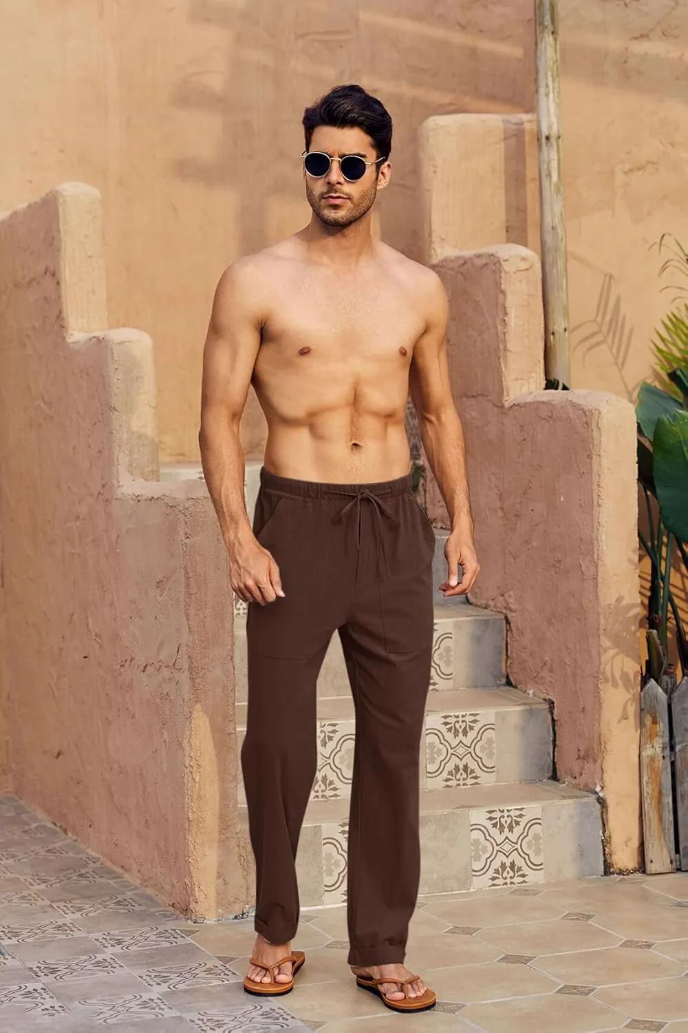 Gafeng Mens Linen Pants Yoga Beach Loose Fit Casual Summer Elastic Waist Drawstring Baggy Trousers with Pockets