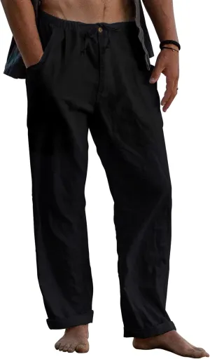Gafeng Mens Linen Pants Yoga Beach Loose Fit Casual Summer Elastic Waist Drawstring Baggy Trousers with Pockets