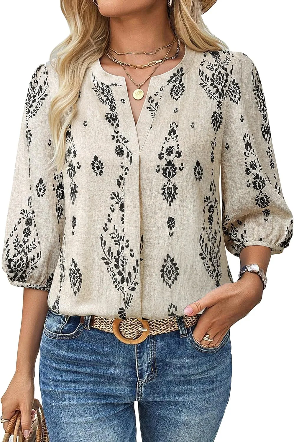 Gaharu Womens Summer Tops 3/4 Puff Sleeve V-Neck Dressy Casual Blouses Boho Floral Shirts