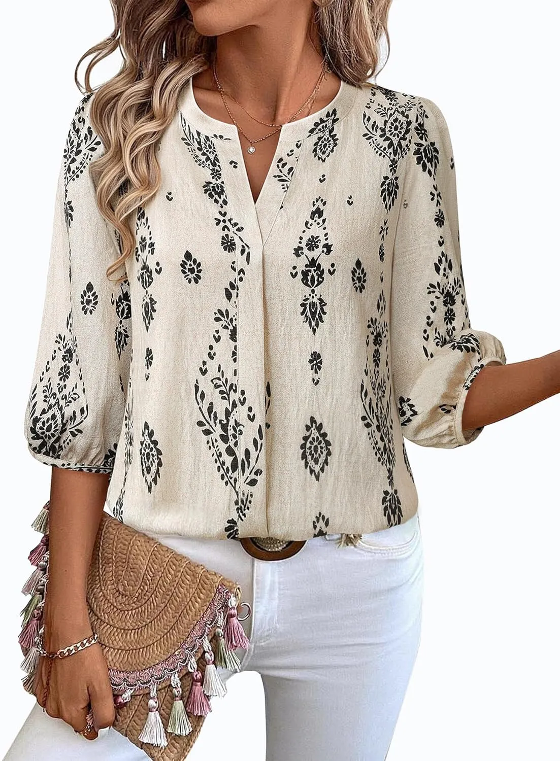 Gaharu Womens Summer Tops 3/4 Puff Sleeve V-Neck Dressy Casual Blouses Boho Floral Shirts