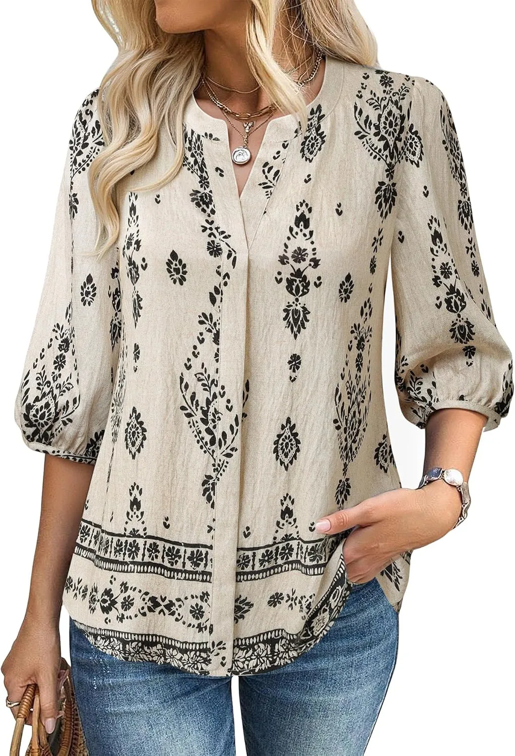 Gaharu Womens Summer Tops 3/4 Puff Sleeve V-Neck Dressy Casual Blouses Boho Floral Shirts