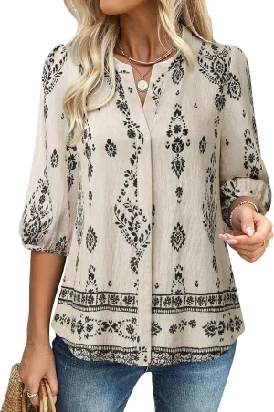 Gaharu Womens Summer Tops 3/4 Puff Sleeve V-Neck Dressy Casual Blouses Boho Floral Shirts
