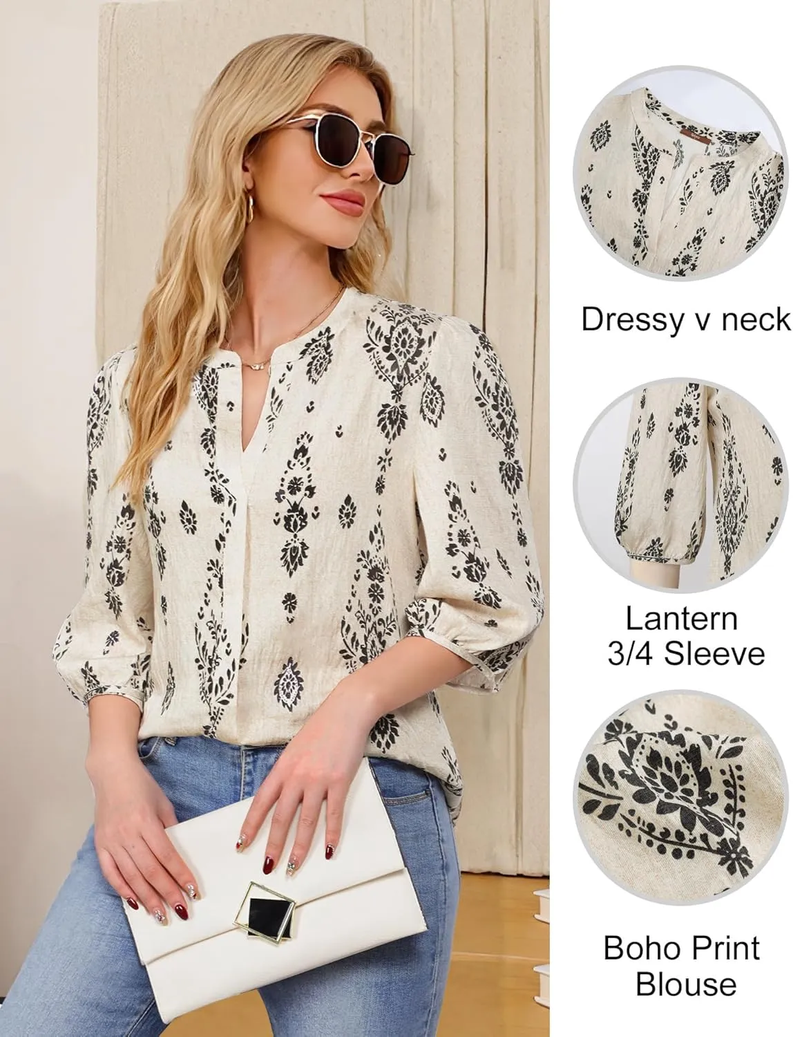 Gaharu Womens Summer Tops 3/4 Puff Sleeve V-Neck Dressy Casual Blouses Boho Floral Shirts