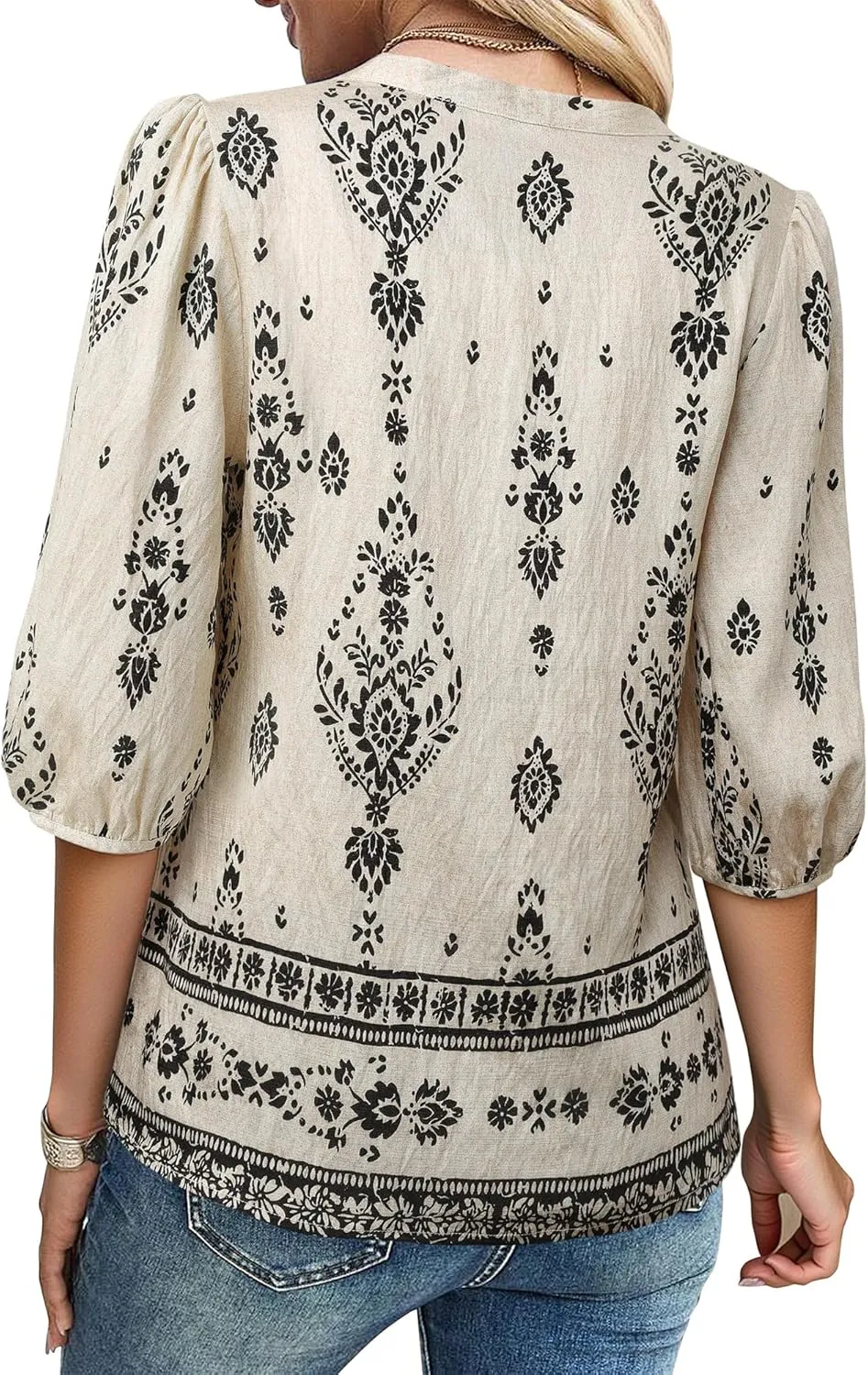 Gaharu Womens Summer Tops 3/4 Puff Sleeve V-Neck Dressy Casual Blouses Boho Floral Shirts