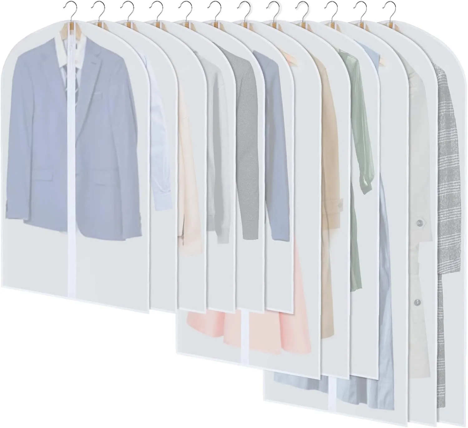 Garment Bags for Hanging Clothes, Set of 12 Suit Bags Dust-Resistant Clothes Cover Bags PEVA Breathable Clothes Protectors with Full Zipper for Closet Storage, 24” x 40”/47”/55”