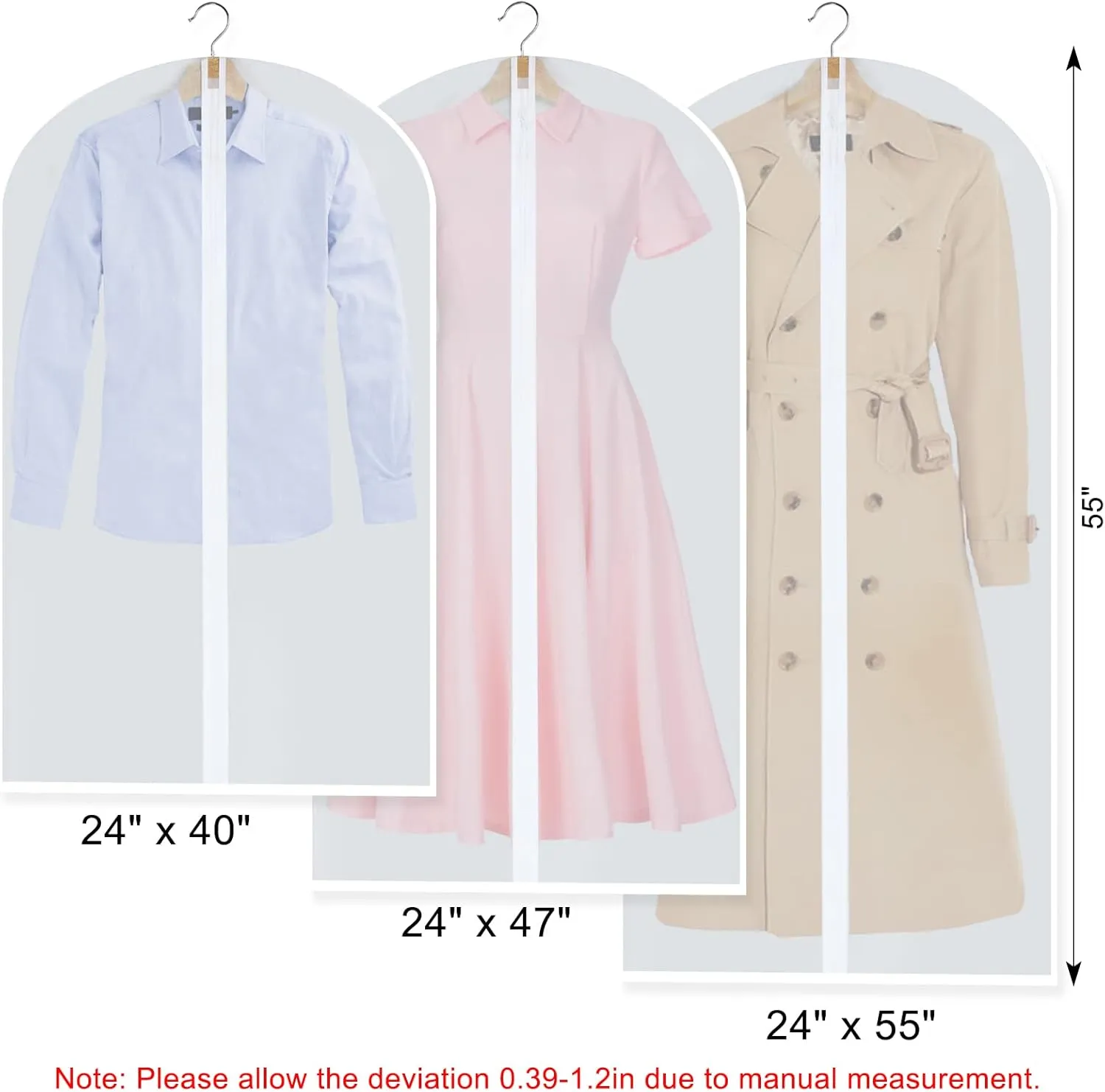 Garment Bags for Hanging Clothes, Set of 12 Suit Bags Dust-Resistant Clothes Cover Bags PEVA Breathable Clothes Protectors with Full Zipper for Closet Storage, 24” x 40”/47”/55”