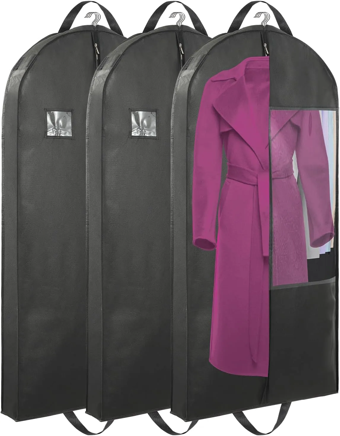 Garment Bags for Hanging Clothes with 4" Gussetes, Suit Cover for Clothes,Coats,Fur coat,Suit,Jackets,Dress,Shirts,Skirt. (Black-50"-3pcs-Double zipper-Non-woven Fabric)