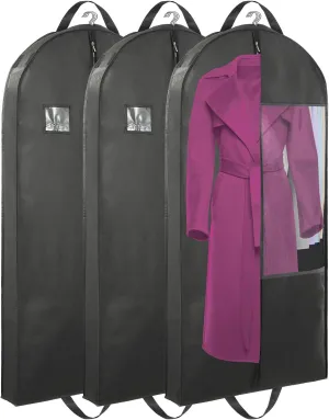 Garment Bags for Hanging Clothes with 4" Gussetes, Suit Cover for Clothes,Coats,Fur coat,Suit,Jackets,Dress,Shirts,Skirt. (Black-50"-3pcs-Double zipper-Non-woven Fabric)