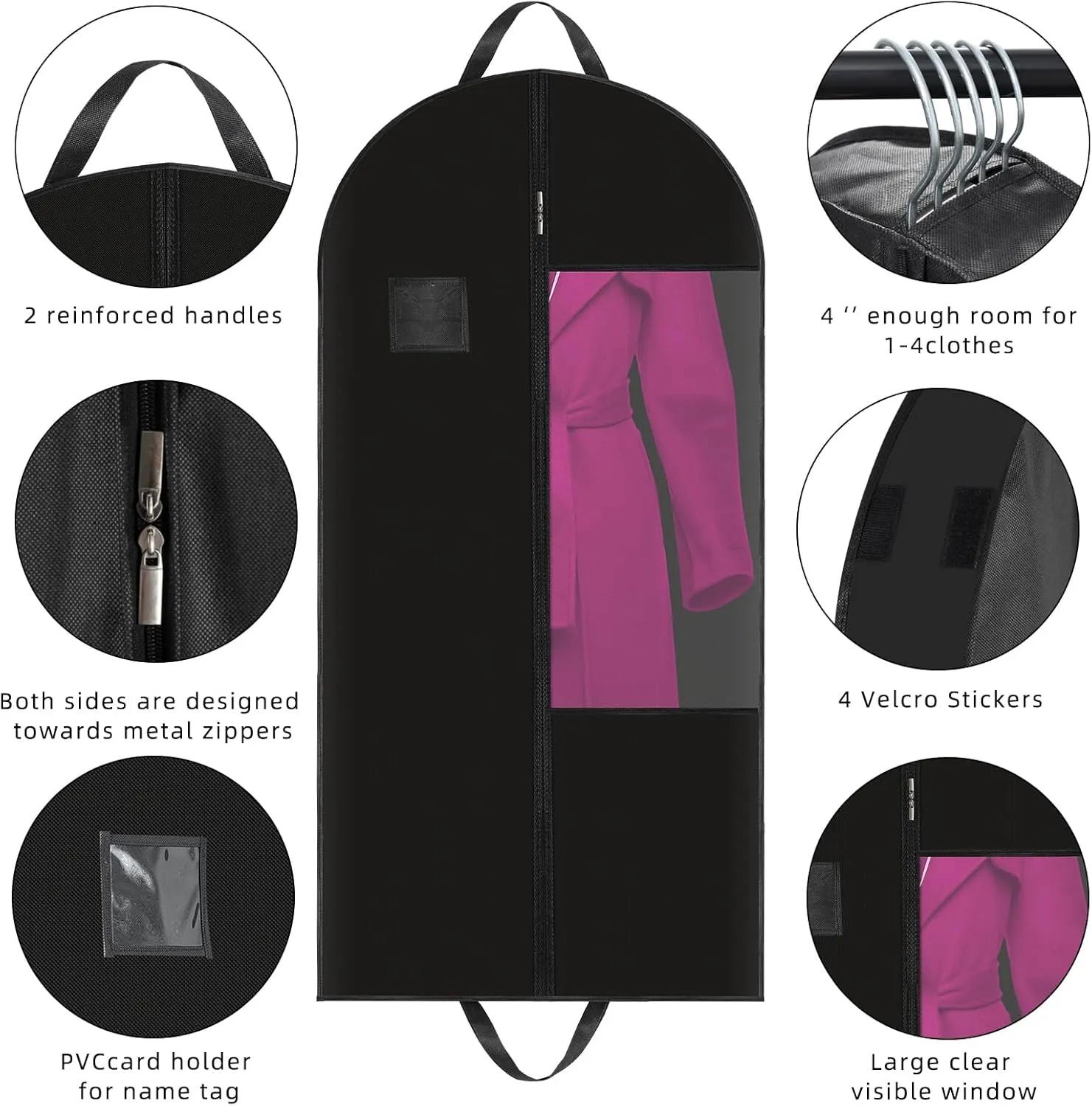 Garment Bags for Hanging Clothes with 4" Gussetes, Suit Cover for Clothes,Coats,Fur coat,Suit,Jackets,Dress,Shirts,Skirt. (Black-50"-3pcs-Double zipper-Non-woven Fabric)