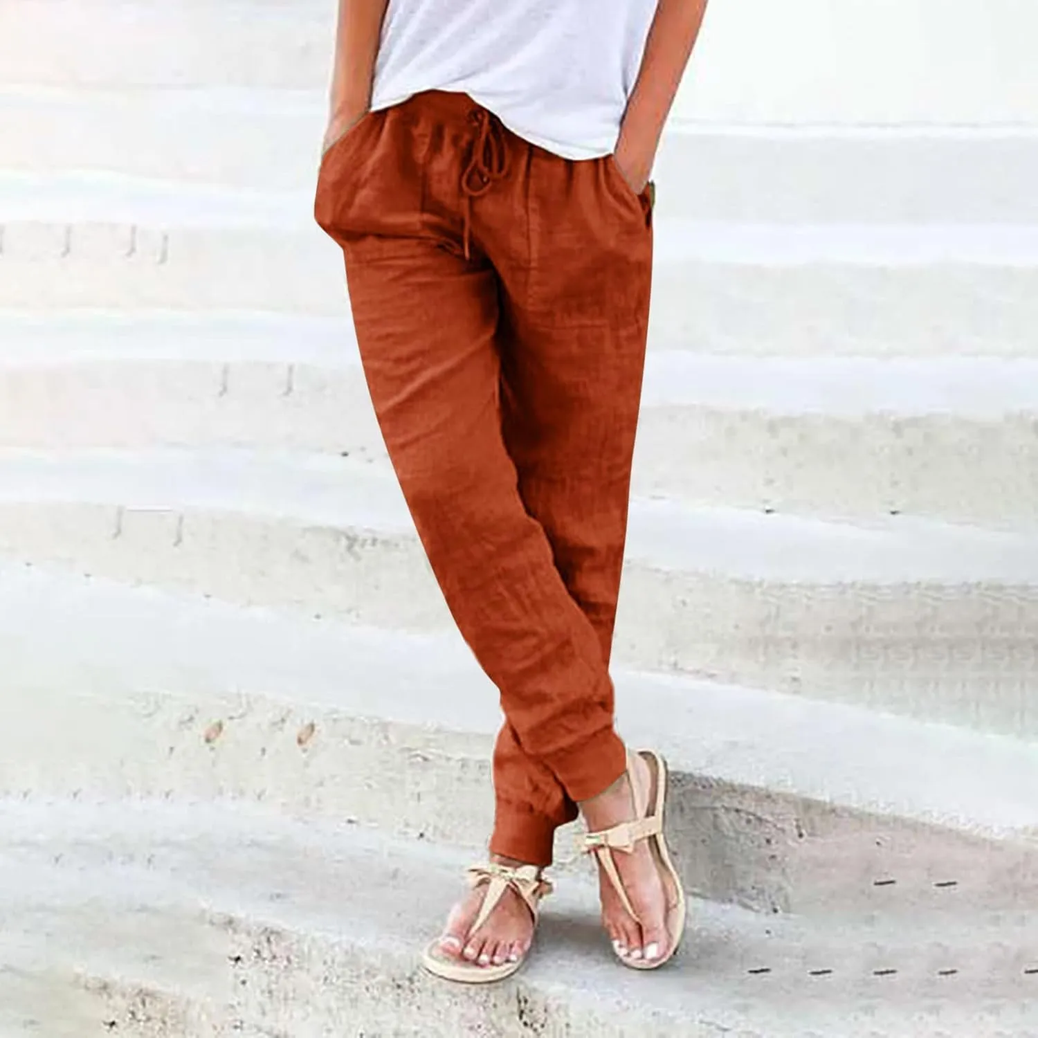 Generic Womens Cotton Linen Jogger Pants Summer Casual Drawstring Elastic Waist Lightweight Tapered Leg Joggers with Pockets