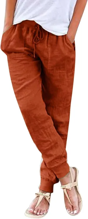 Generic Womens Cotton Linen Jogger Pants Summer Casual Drawstring Elastic Waist Lightweight Tapered Leg Joggers with Pockets