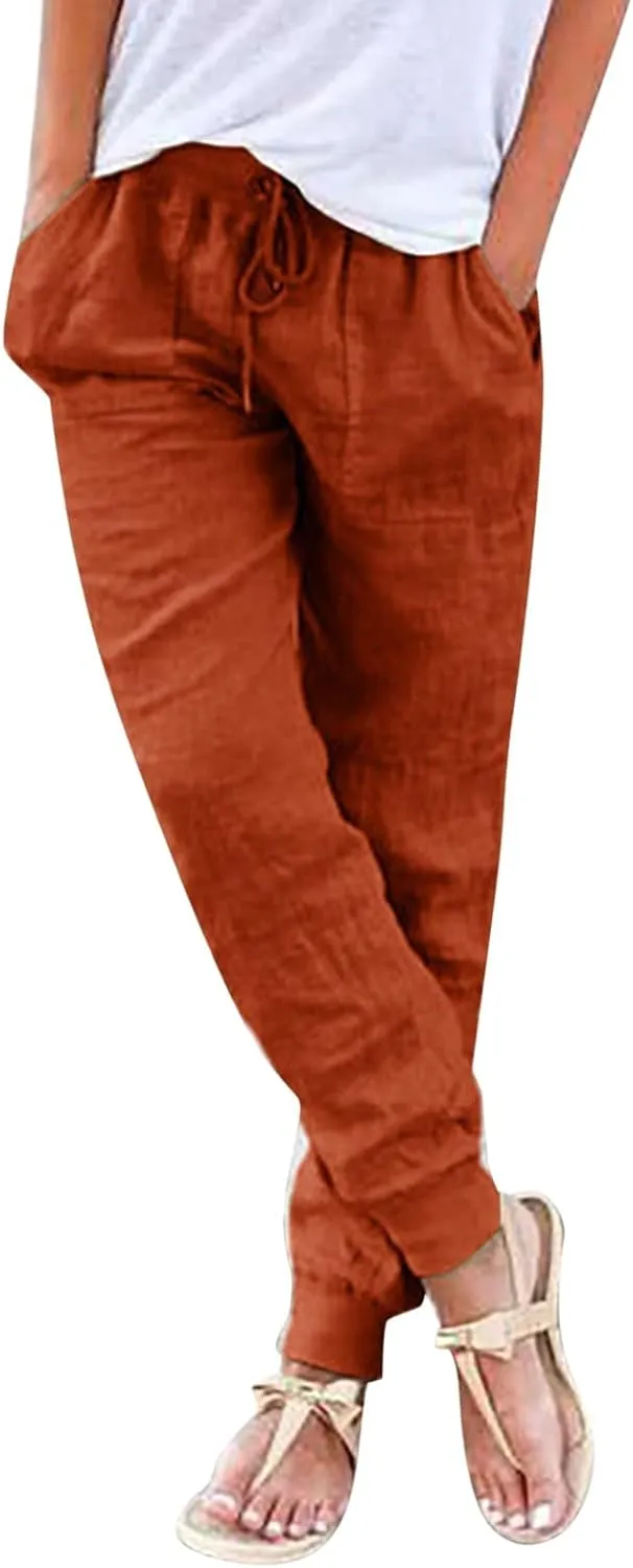 Generic Womens Cotton Linen Jogger Pants Summer Casual Drawstring Elastic Waist Lightweight Tapered Leg Joggers with Pockets