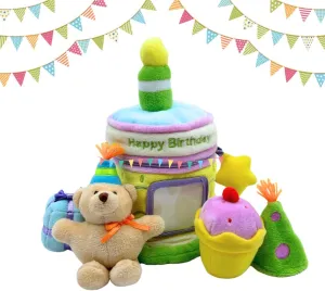 Genius Baby Toys Soft Plush Birthday Cake Toy with 4 Sensory Toys. Embroidered 'Happy Birthday', Lightweight and Portable
