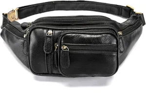 Genuine Leather Large Fanny Pack Waterproof Hip Belt Bag Cowhide Waist Bag Crossbody Sling Backpack Black