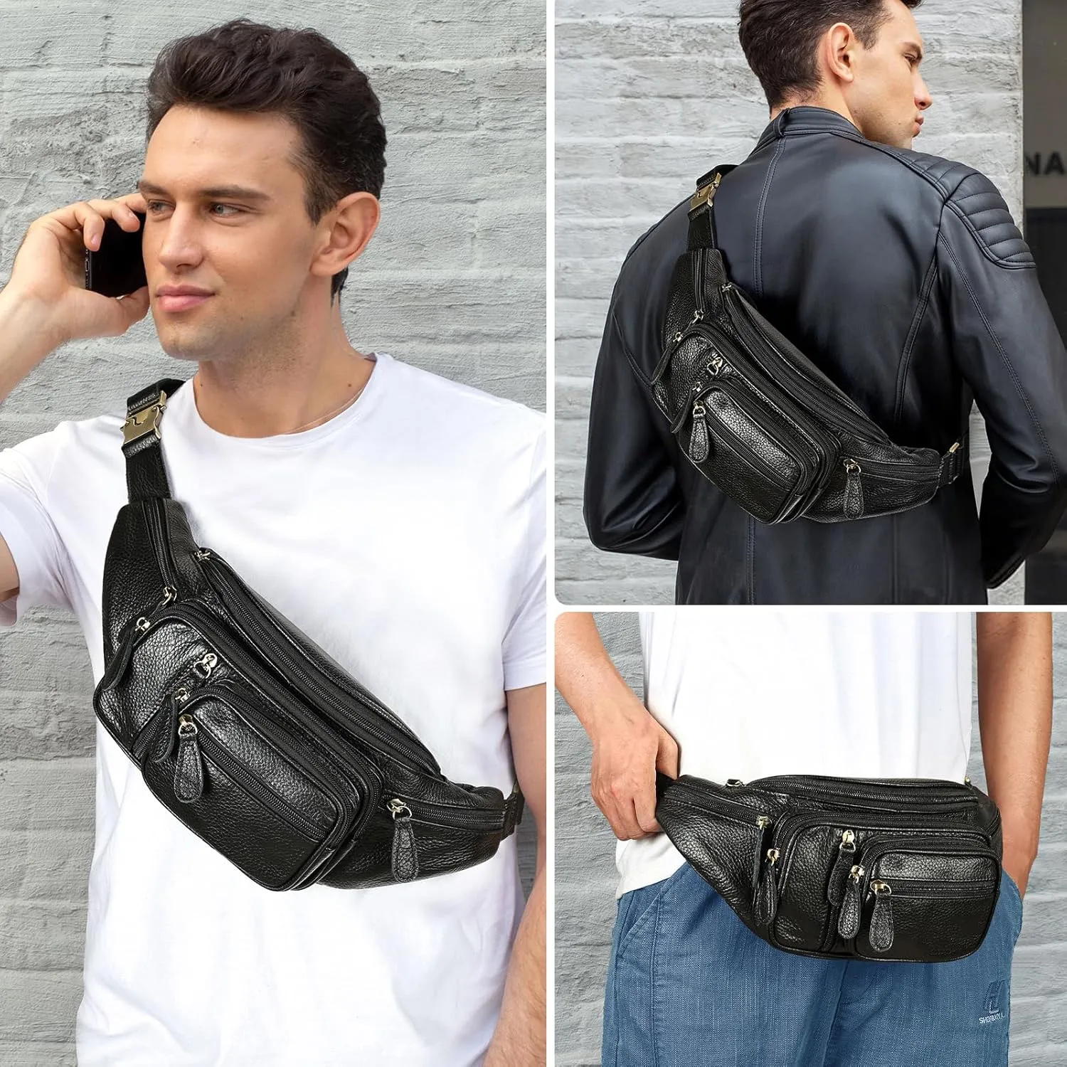 Genuine Leather Large Fanny Pack Waterproof Hip Belt Bag Cowhide Waist Bag Crossbody Sling Backpack Black