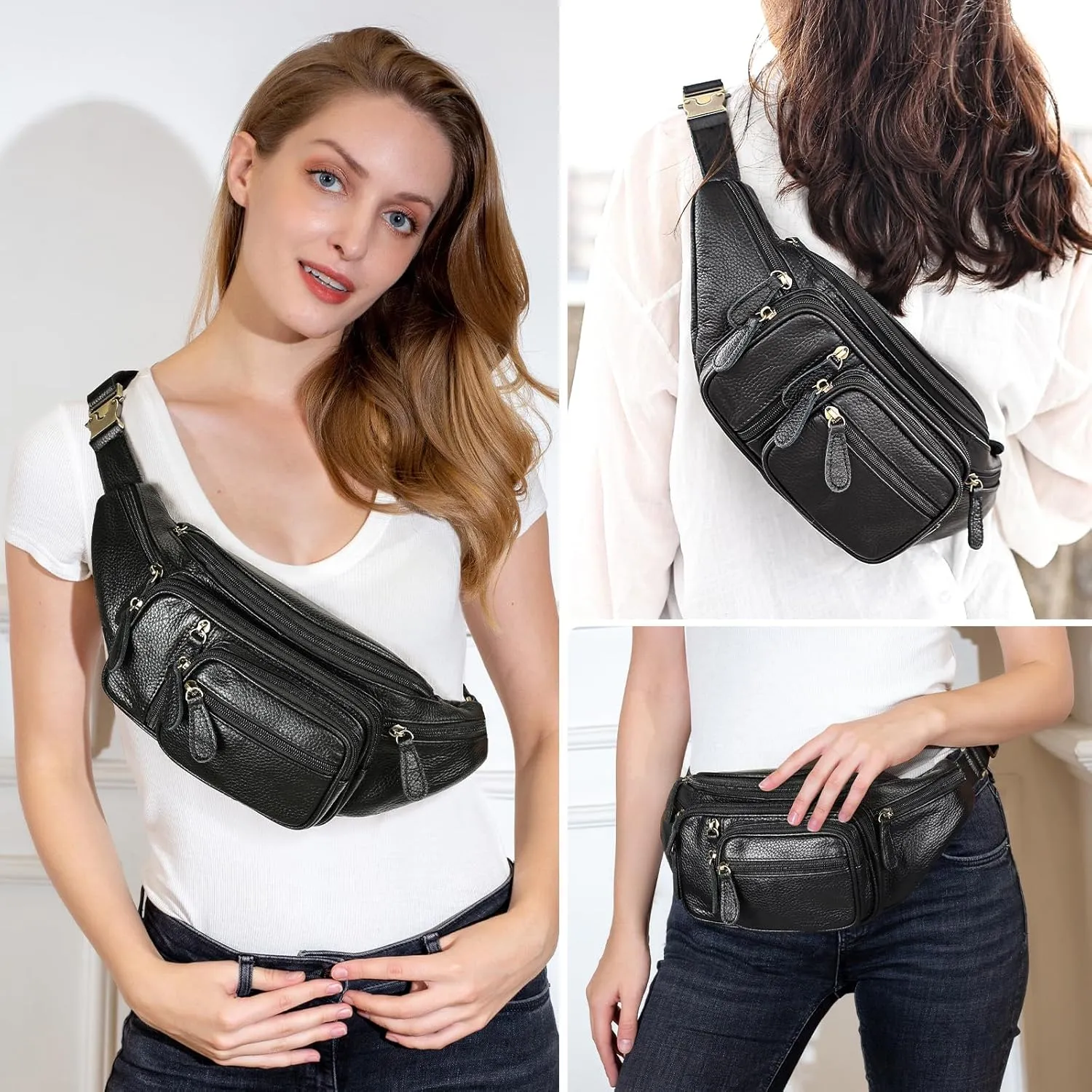 Genuine Leather Large Fanny Pack Waterproof Hip Belt Bag Cowhide Waist Bag Crossbody Sling Backpack Black