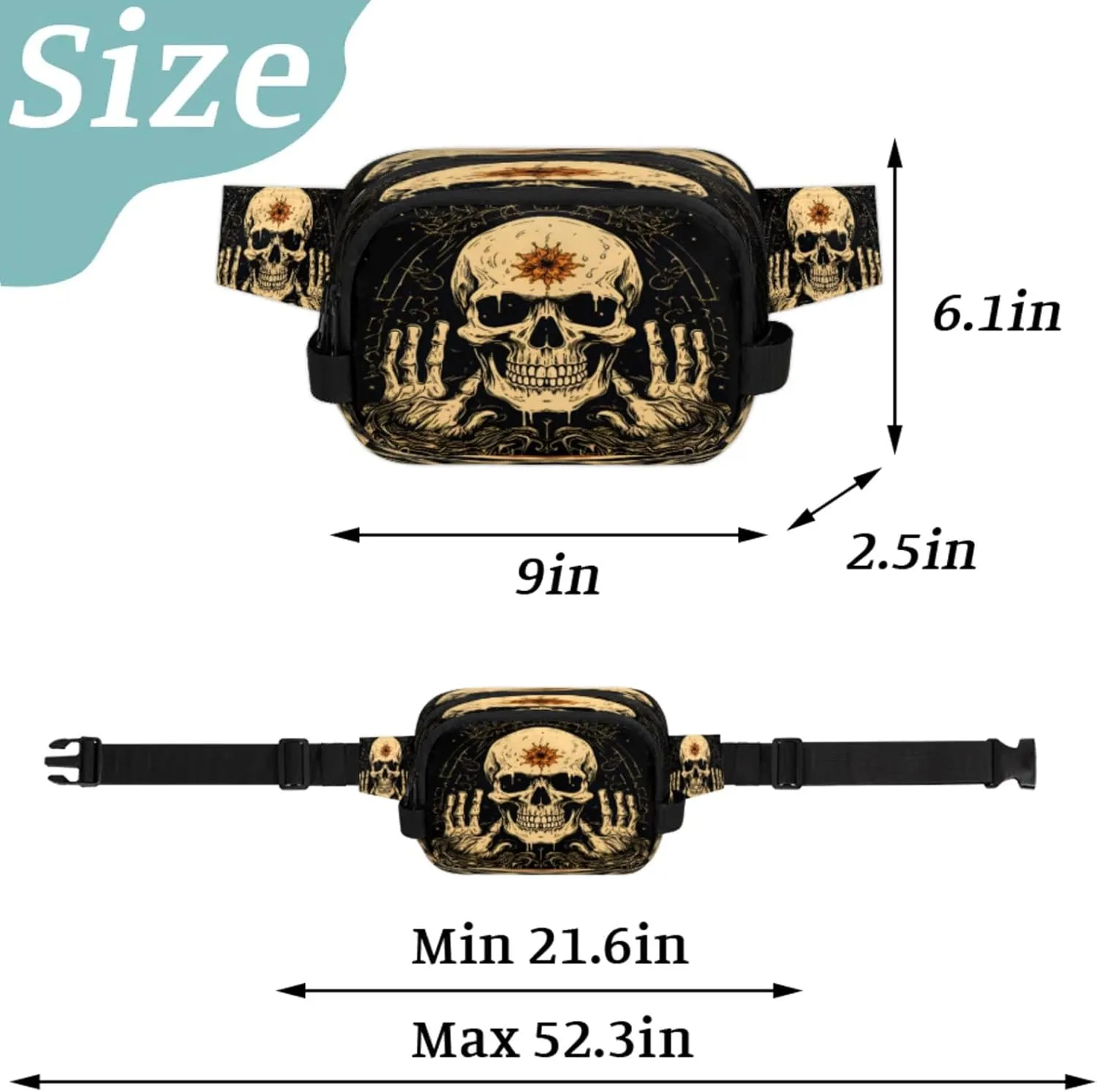 Gilded Mystery Waterproof Unisex Square Fanny Pack, Adjustable Waist Bag with Pockets, Sturdy Lightweight Crossbody Bag for Travel, Running, Hiking (9x6.1x2.5 Inches)