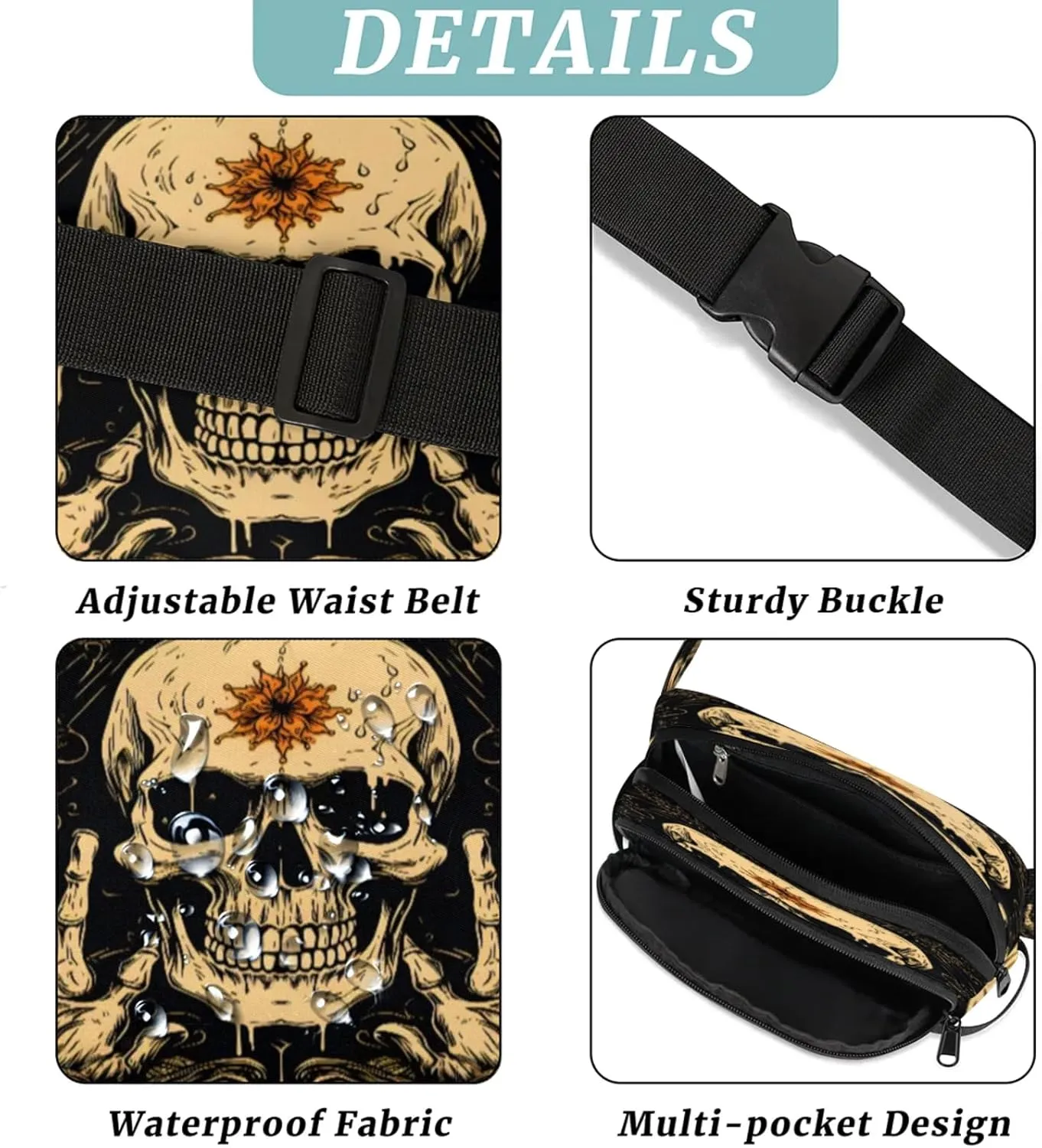 Gilded Mystery Waterproof Unisex Square Fanny Pack, Adjustable Waist Bag with Pockets, Sturdy Lightweight Crossbody Bag for Travel, Running, Hiking (9x6.1x2.5 Inches)