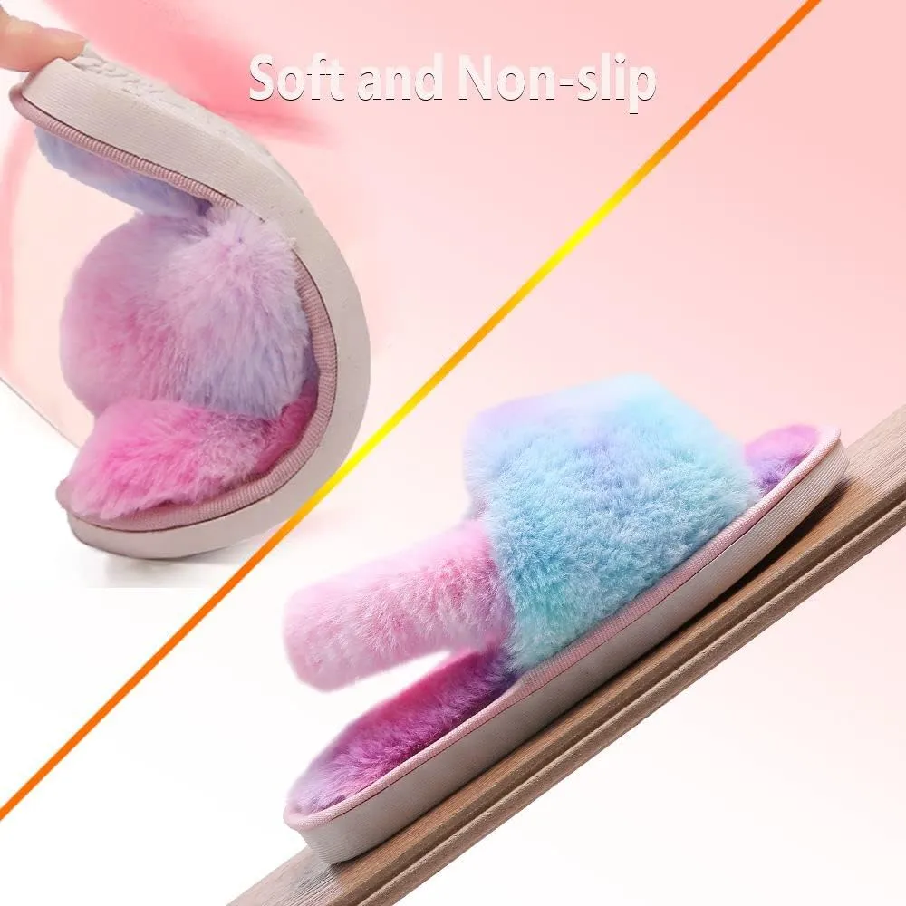 Girl's Fuzzy Fluffy Furry Slippers Cross Band Shoes Slides for Girls Fur Flip Flop Open Toe Slippers