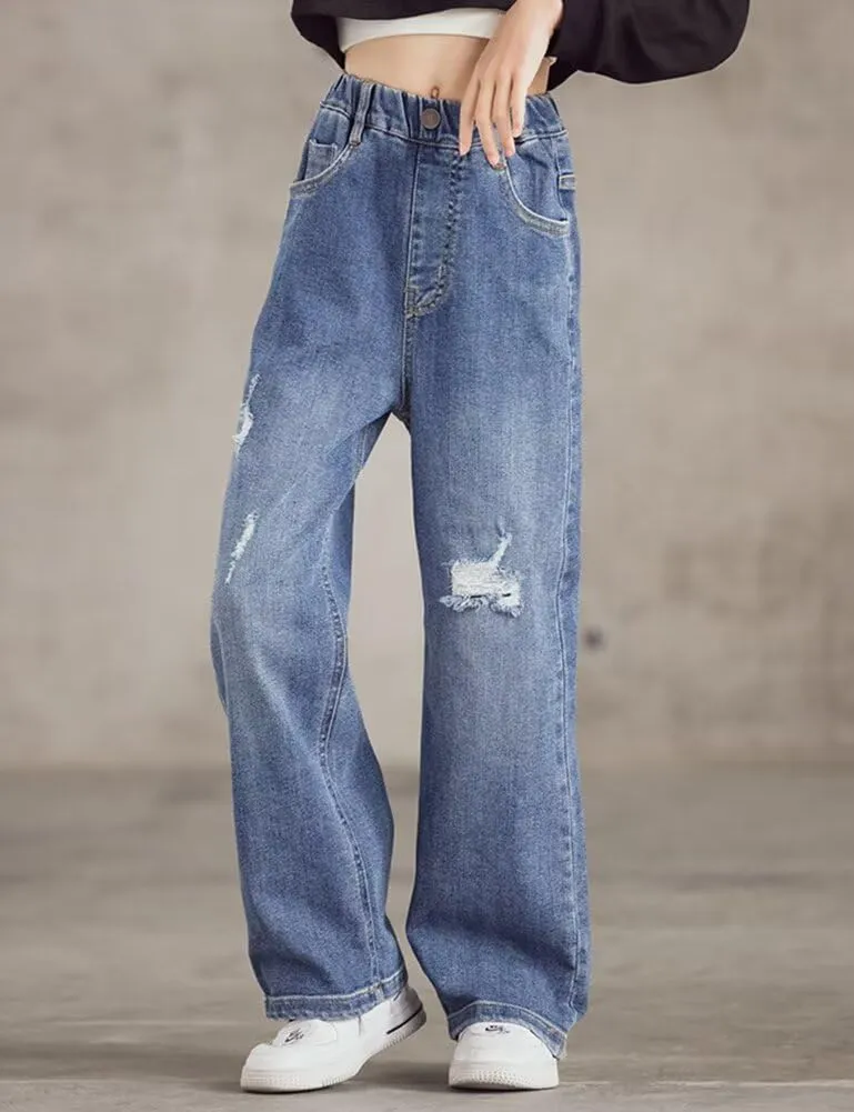 Girls Wide Leg Jeans Denim Elastic Wasit Baggy Ripped Distressed Pants