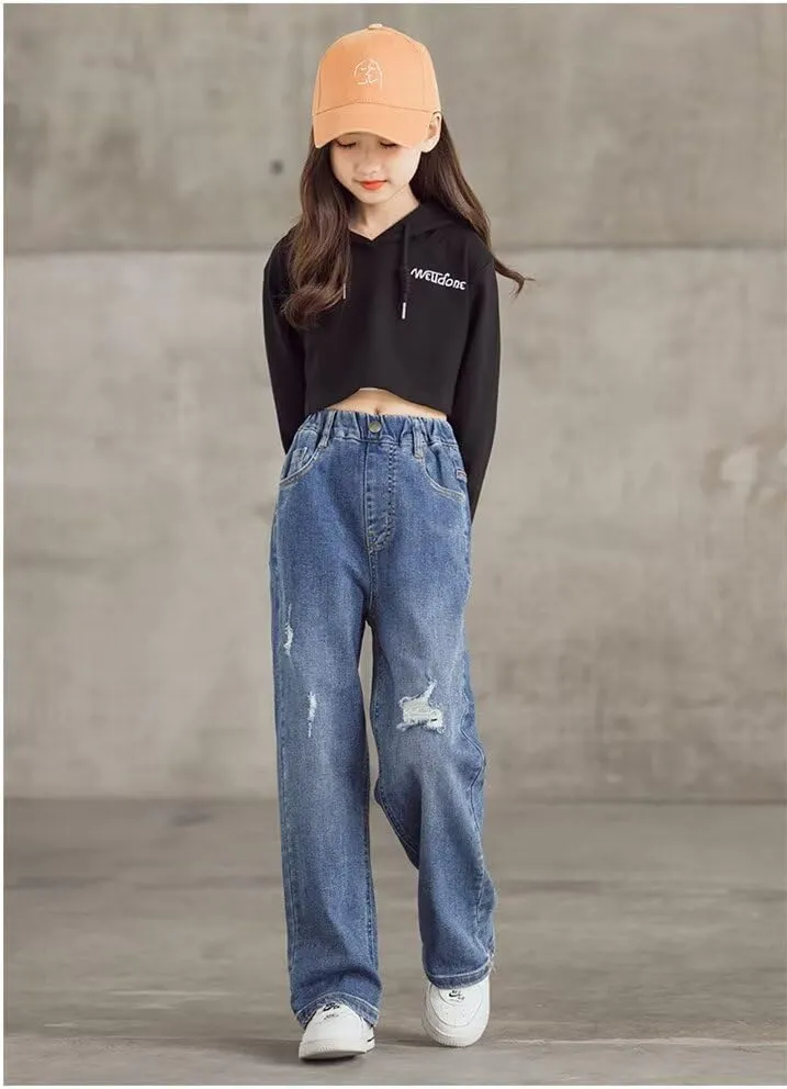 Girls Wide Leg Jeans Denim Elastic Wasit Baggy Ripped Distressed Pants