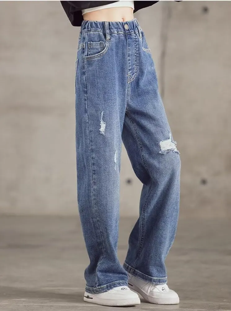 Girls Wide Leg Jeans Denim Elastic Wasit Baggy Ripped Distressed Pants