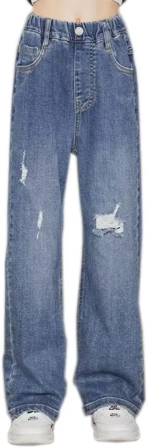 Girls Wide Leg Jeans Denim Elastic Wasit Baggy Ripped Distressed Pants