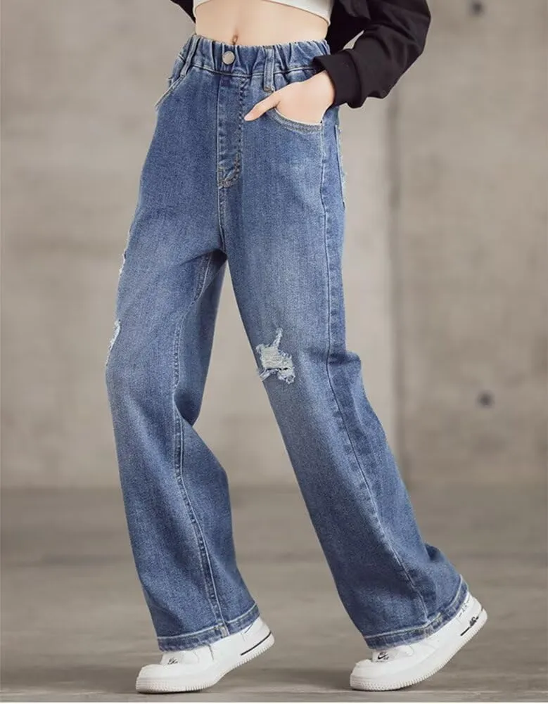 Girls Wide Leg Jeans Denim Elastic Wasit Baggy Ripped Distressed Pants