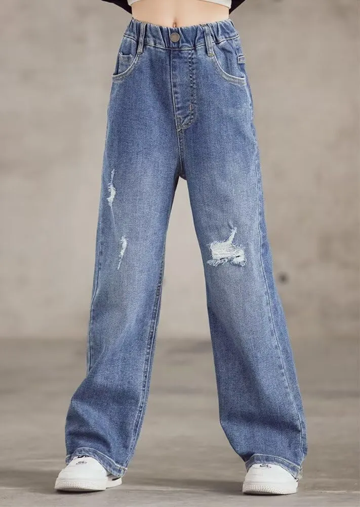 Girls Wide Leg Jeans Denim Elastic Wasit Baggy Ripped Distressed Pants