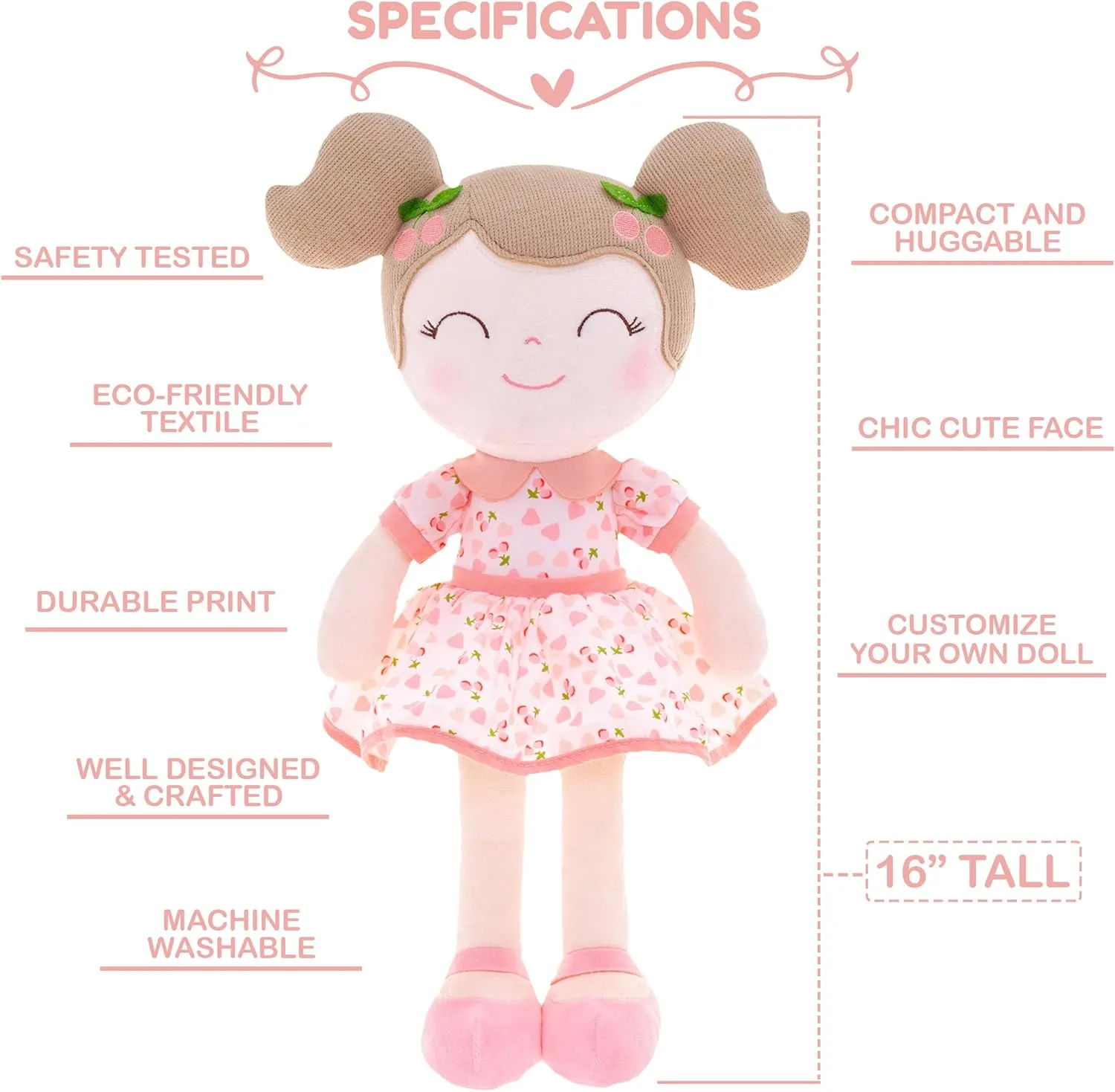 Gloveleya Personalized Doll with Your Name - Cute Pink Cherry Color Custom Soft Plush Doll for Girls Plush Doll Customized Gifts - Muñecas de Trapo Personalizadas para Niñas