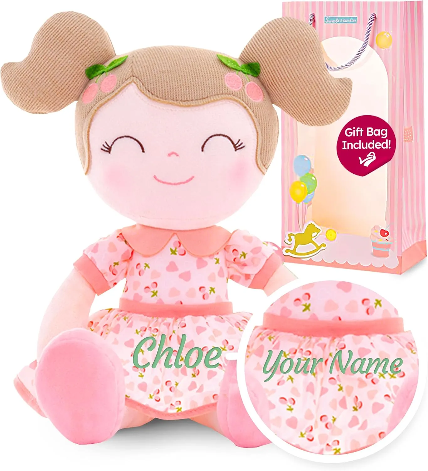 Gloveleya Personalized Doll with Your Name - Cute Pink Cherry Color Custom Soft Plush Doll for Girls Plush Doll Customized Gifts - Muñecas de Trapo Personalizadas para Niñas