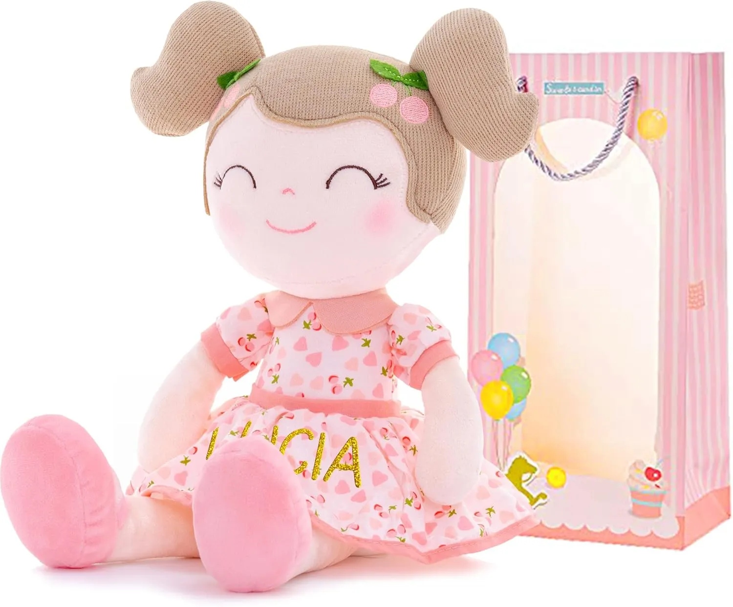 Gloveleya Personalized Doll with Your Name - Cute Pink Cherry Color Custom Soft Plush Doll for Girls Plush Doll Customized Gifts - Muñecas de Trapo Personalizadas para Niñas