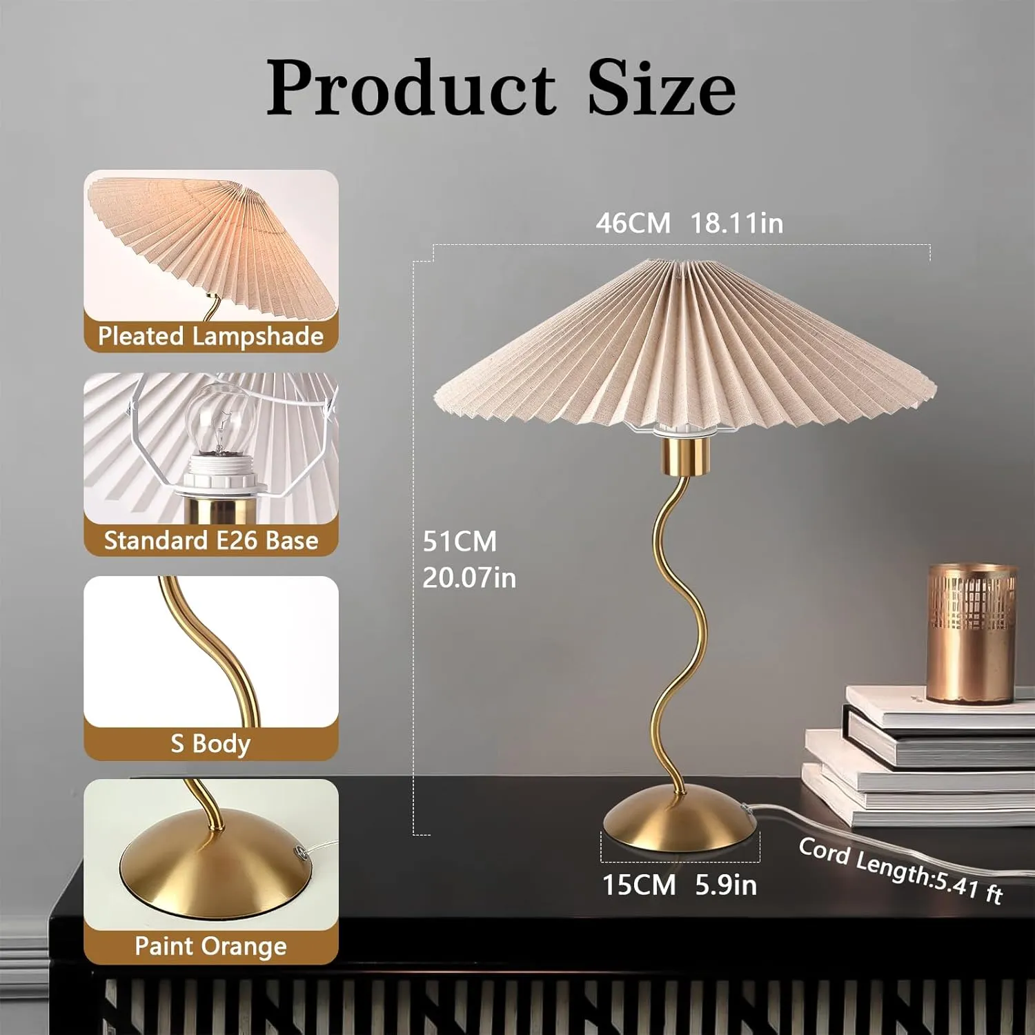 Gold Pleated Small Table Lamp, Brass Modern Bedside Table Lamp for Bedroom, Mini Pleated Lamp Shape, MCM Table Lamp Bedroom Bow Lamps for Nightstand
