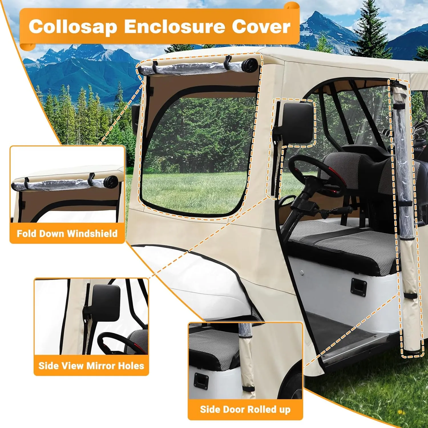 Golf Cart Enclosure Cover for Ezgo TXT 2 Seat 600D with 3 Door Zippers, Security Side Mirror Reserved, Waterproof Portable Transparent Storage Driving Rain Cover Short Roof