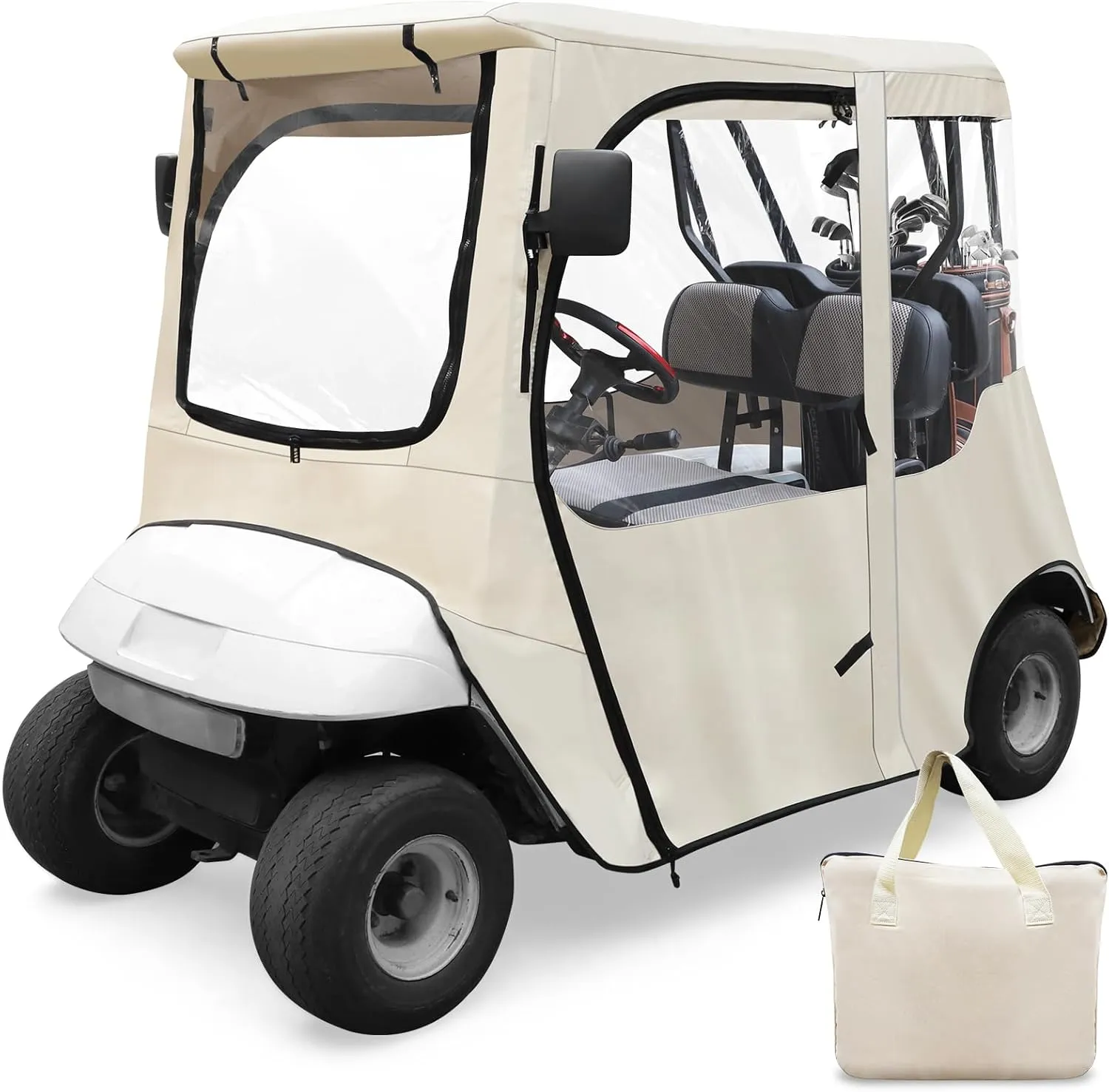 Golf Cart Enclosure Cover for Ezgo TXT 2 Seat 600D with 3 Door Zippers, Security Side Mirror Reserved, Waterproof Portable Transparent Storage Driving Rain Cover Short Roof