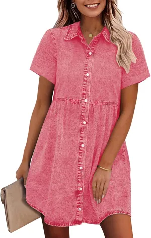 GRAPENT Denim Dress for Women Babydoll Tiered Short Sleeve Button Down Jean Shirt Dresses