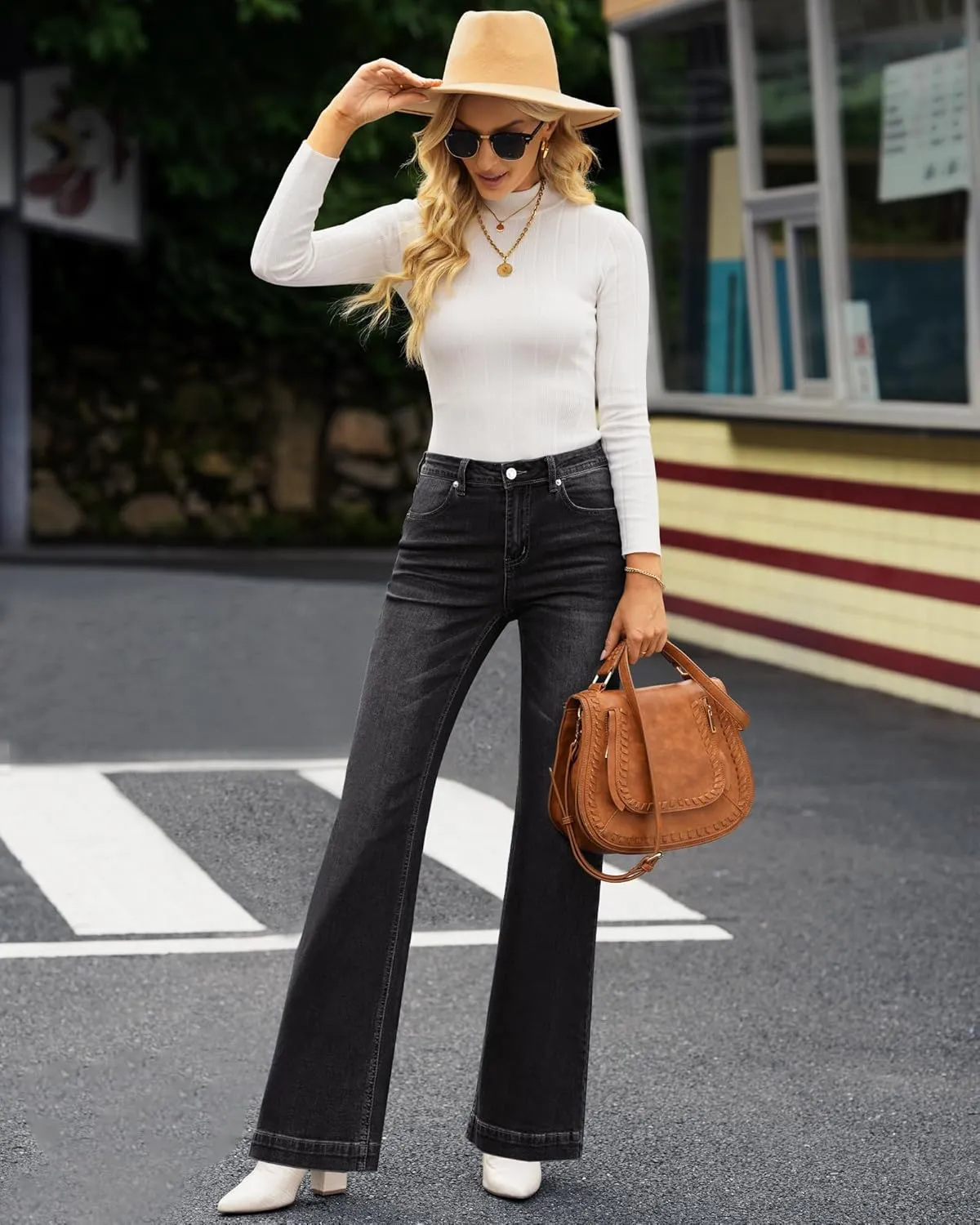 GRAPENT Womens Flare Jeans High Waisted Wide Leg Baggy Jean for Women Stretch Denim Pants
