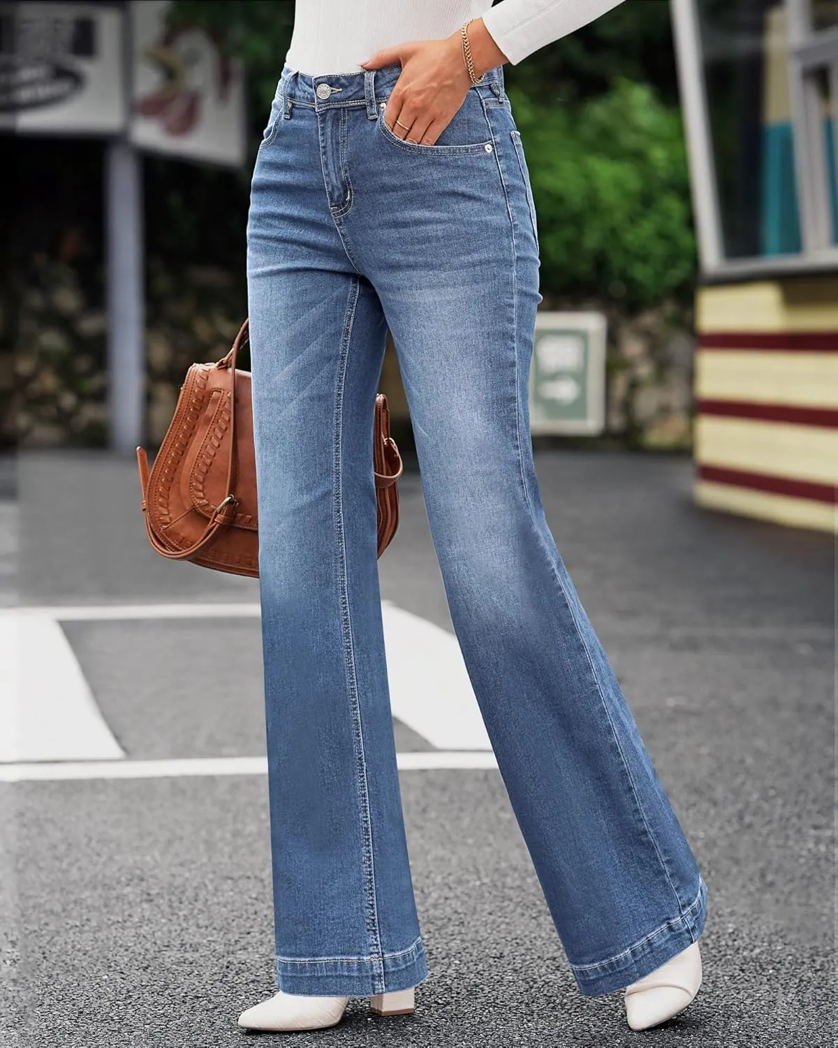 GRAPENT Womens Flare Jeans High Waisted Wide Leg Baggy Jean for Women Stretch Denim Pants