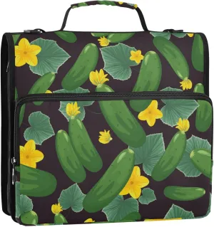 Green Cucumbers Leaves Flowers Zipper Binder, 1.5 inch 3 Ring Binder Organizer Bag with Shoulder Strap and Handle, 500 Sheet Capacity