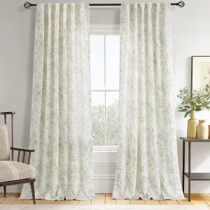 Green Floral Curtains 84 inch Length Back Tab Farmhouser Living Room Light Filtering Curtains Green Pattern Print on Cream White Linen Curtain Minimalist Aesthetic Sketch Style Vintage Room Decor